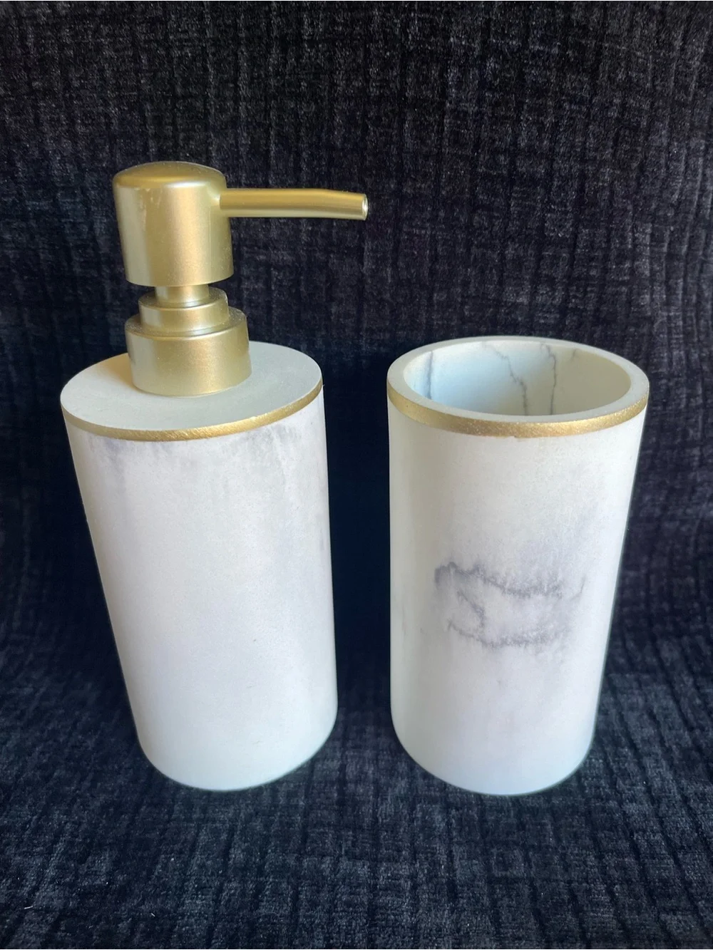 White Marble-Effect Soap Dispenser and Tumbler Set with Gold Accents